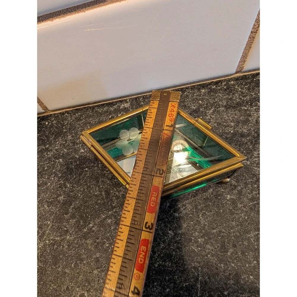 Vintage Mexican Brass Emerald Green Etched Glass Jewelry Trinket Box Mexico